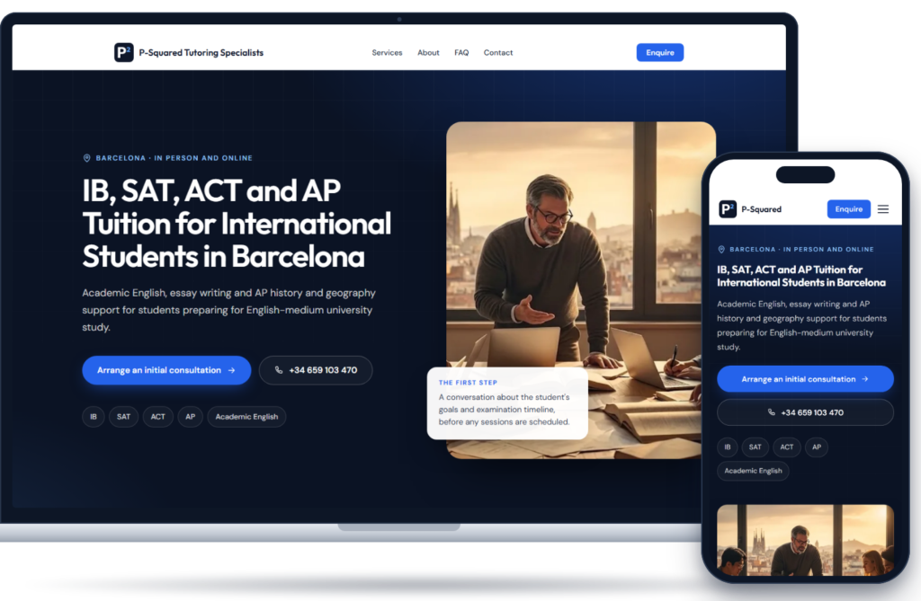 The P-Squared Tutoring Specialists website we built, shown on a laptop and a phone